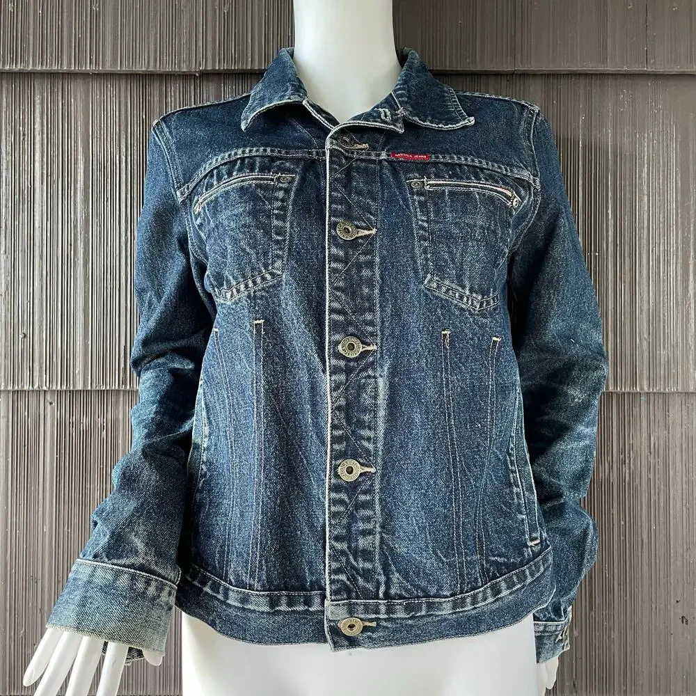 🔥Vintage Nautica Y2K Trucker Grunge Dark Wash Blue Denim Jacket Women Size M-L - Picture 3 of 15